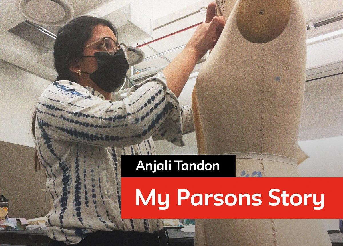Student Anjali wearing a black mask fitting her design on a mannequin with Title Cards in Black and Red reading My Parsons Story